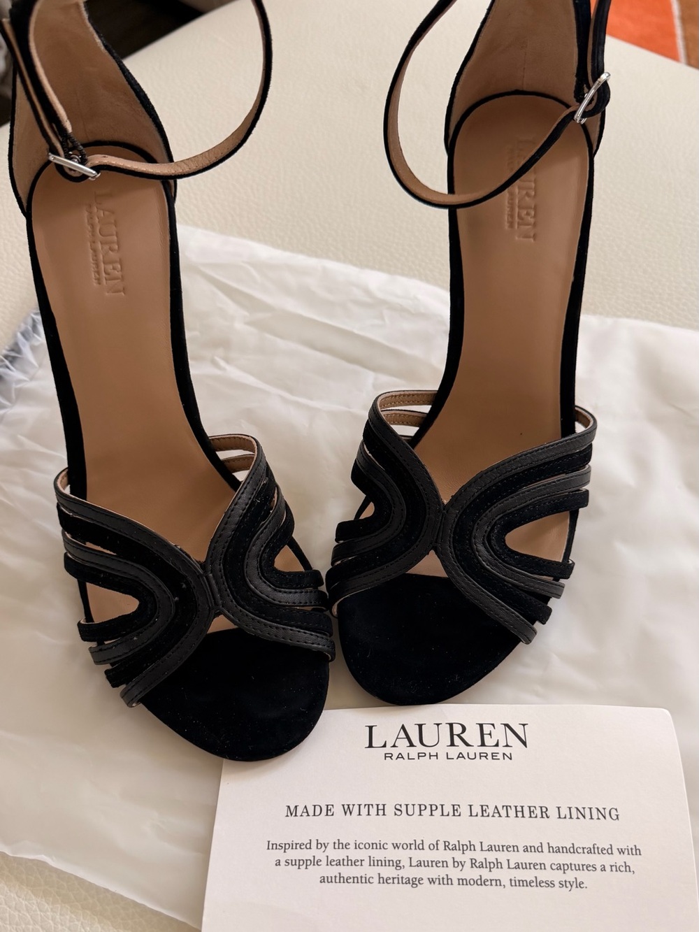 Ralph Lauren Black Strappy Suede Ankle-Strap Heels